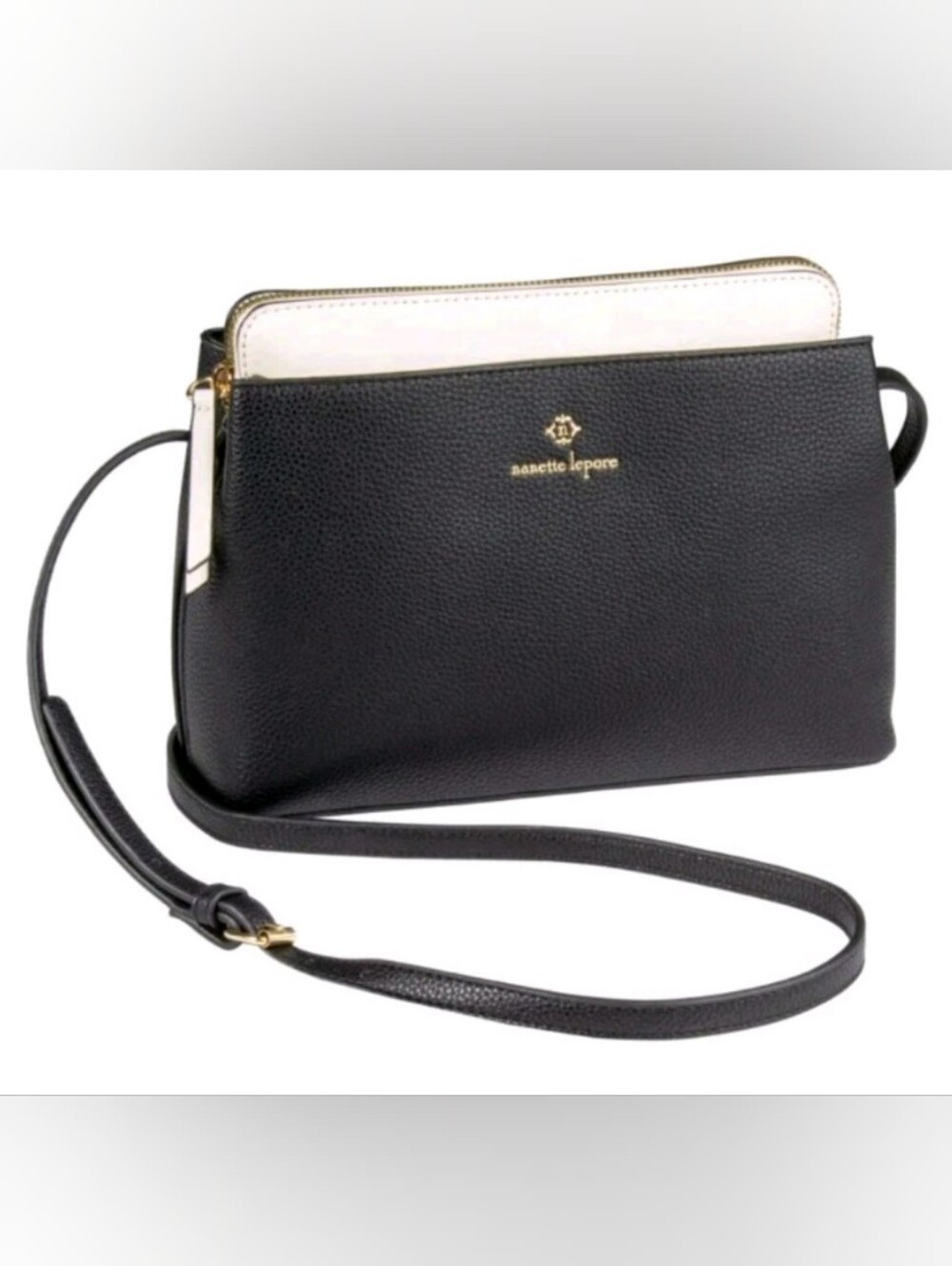 NANETTE LEPORE Black White HALSEY Faux Pebble Leather 3 SECTION Crossbody Bag